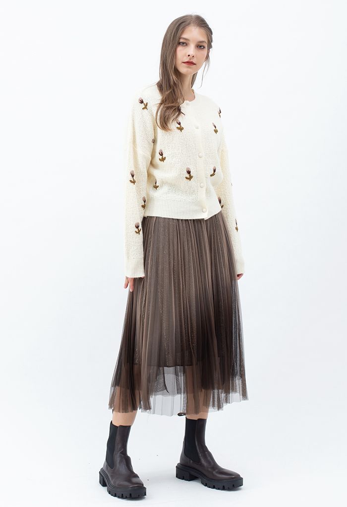 Gradient Mesh Glitter Pleated Midi Skirt in Brown
