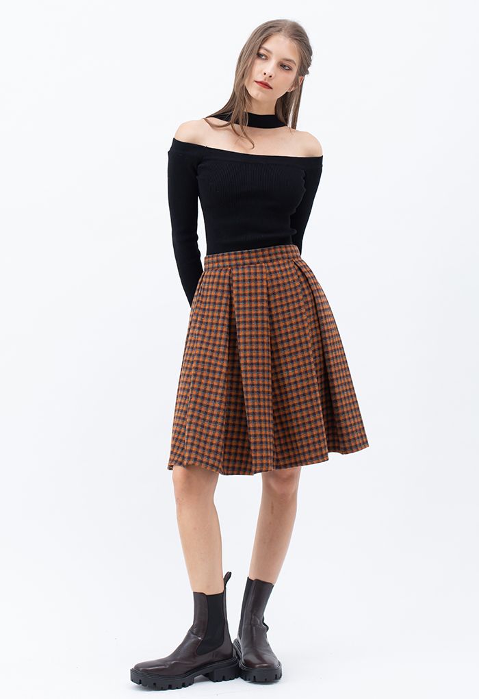 Colored Gingham Wool-Blend Pleated Skirt in Orange