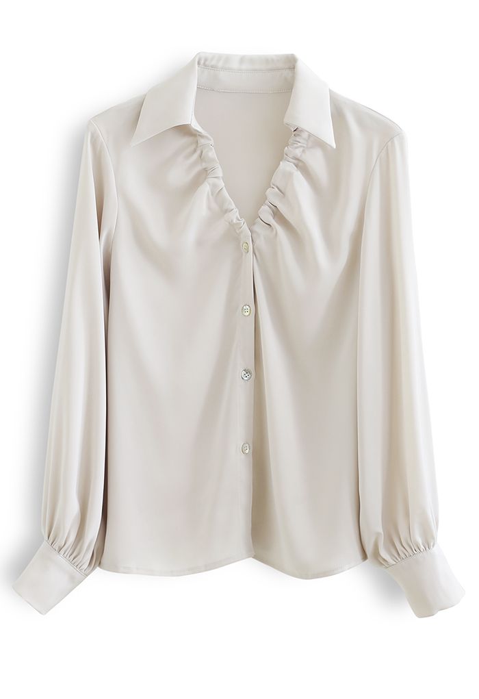Ruched V-Neck Button Down Satin Top in Ivory