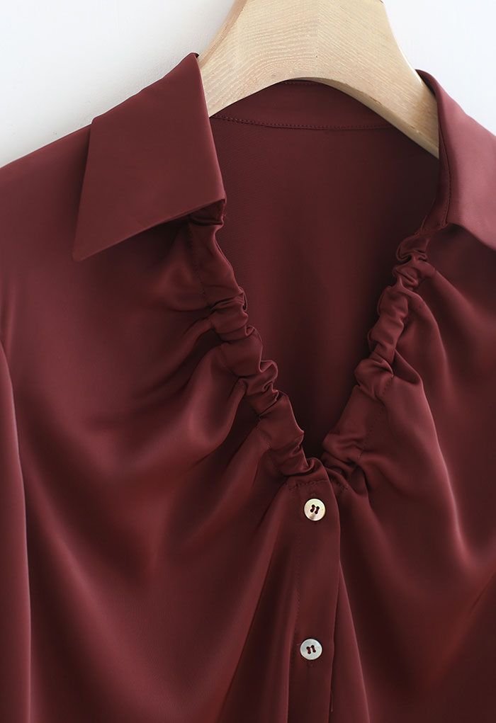 Ruched V-Neck Button Down Satin Top in Burgundy