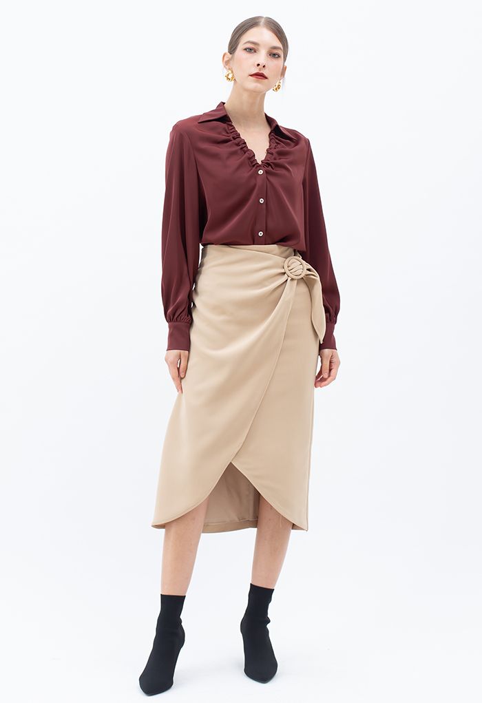 Ruched V-Neck Button Down Satin Top in Burgundy