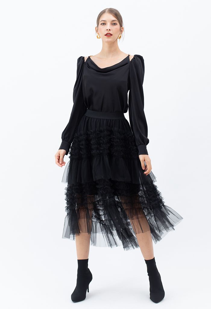 Ruffle Tiered Hi-Lo Mesh Tulle Skirt in Black