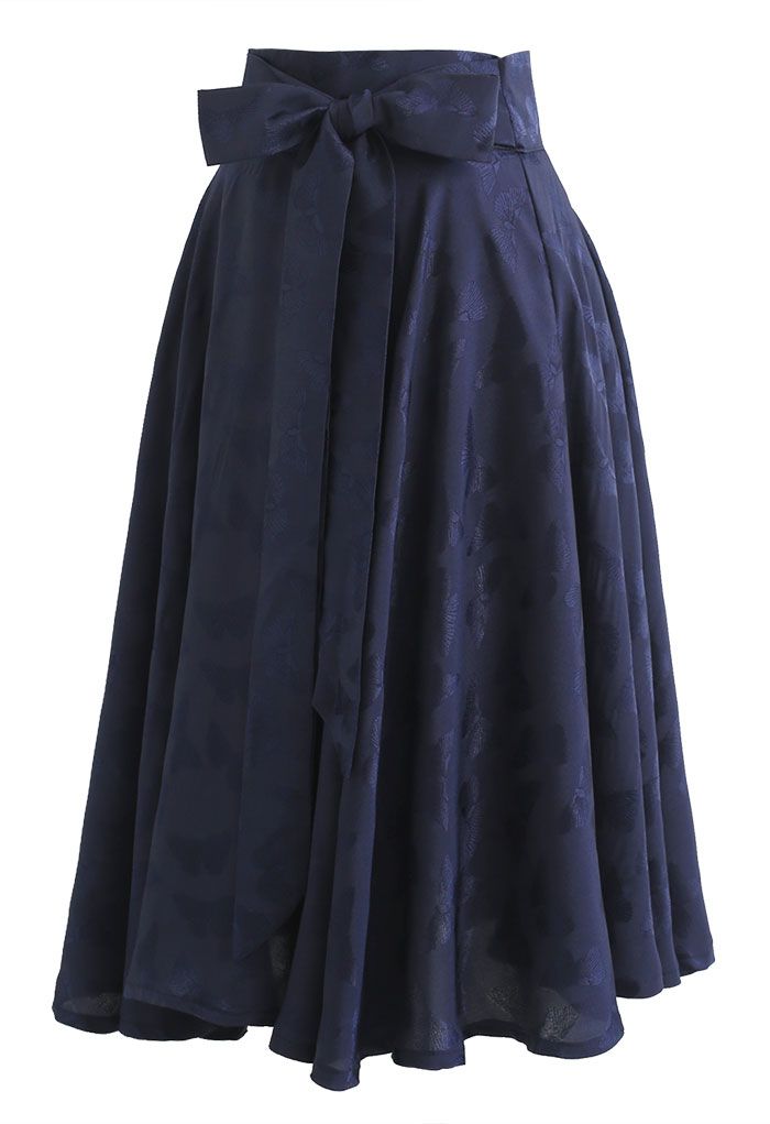 Jacquard Butterfly Bowknot Flare Midi Skirt in Navy