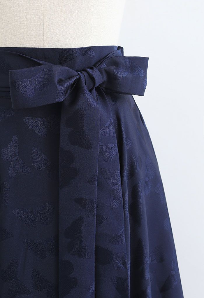 Jacquard Butterfly Bowknot Flare Midi Skirt in Navy