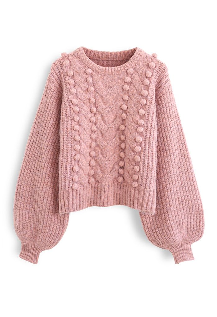 Fuzzy Pom-Pom Ribbed Mix-Knit Sweater in Pink