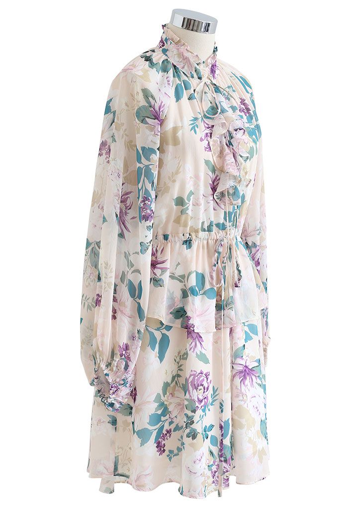Modest Floral Puff Sleeve Ruffle Dress