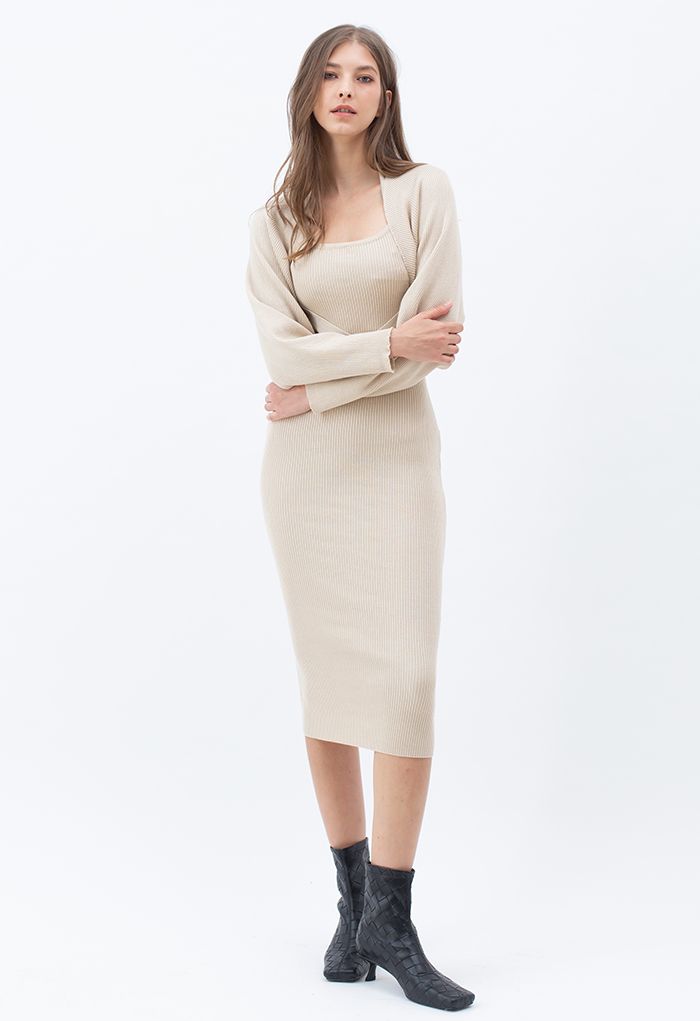 Halter Neck Bodycon Knit Dress with Sweater Sleeve in Sand