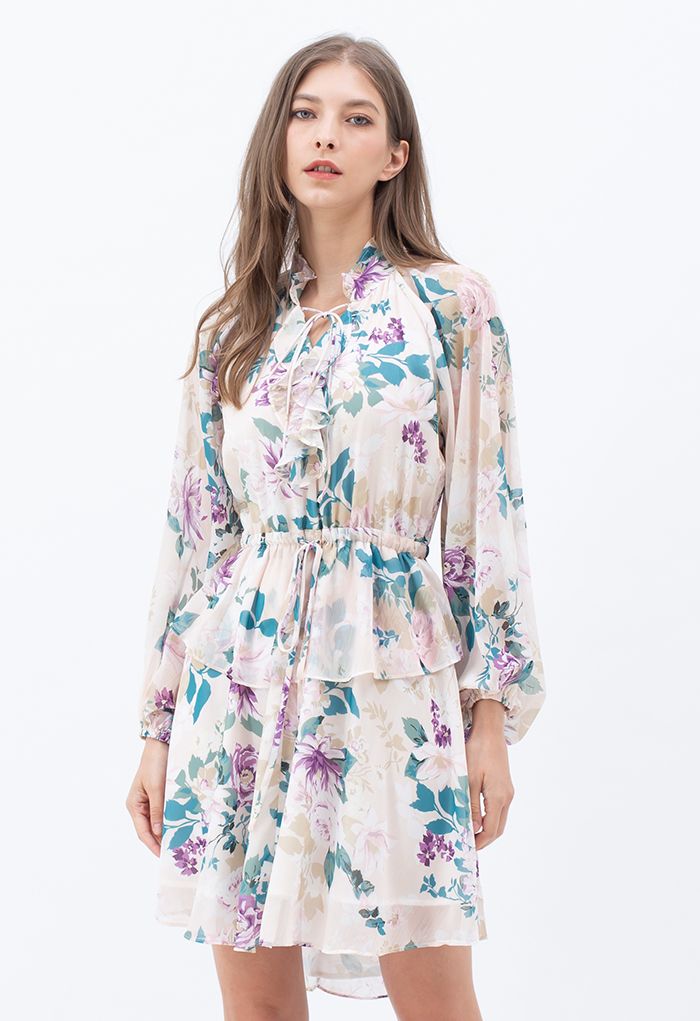 Modest Floral Puff Sleeve Ruffle Dress