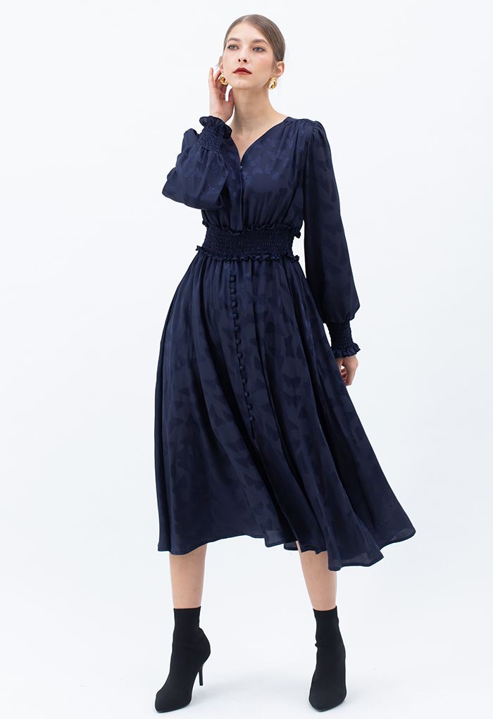 Jacquard Butterfly Button Down Wrap Midi Dress in Navy