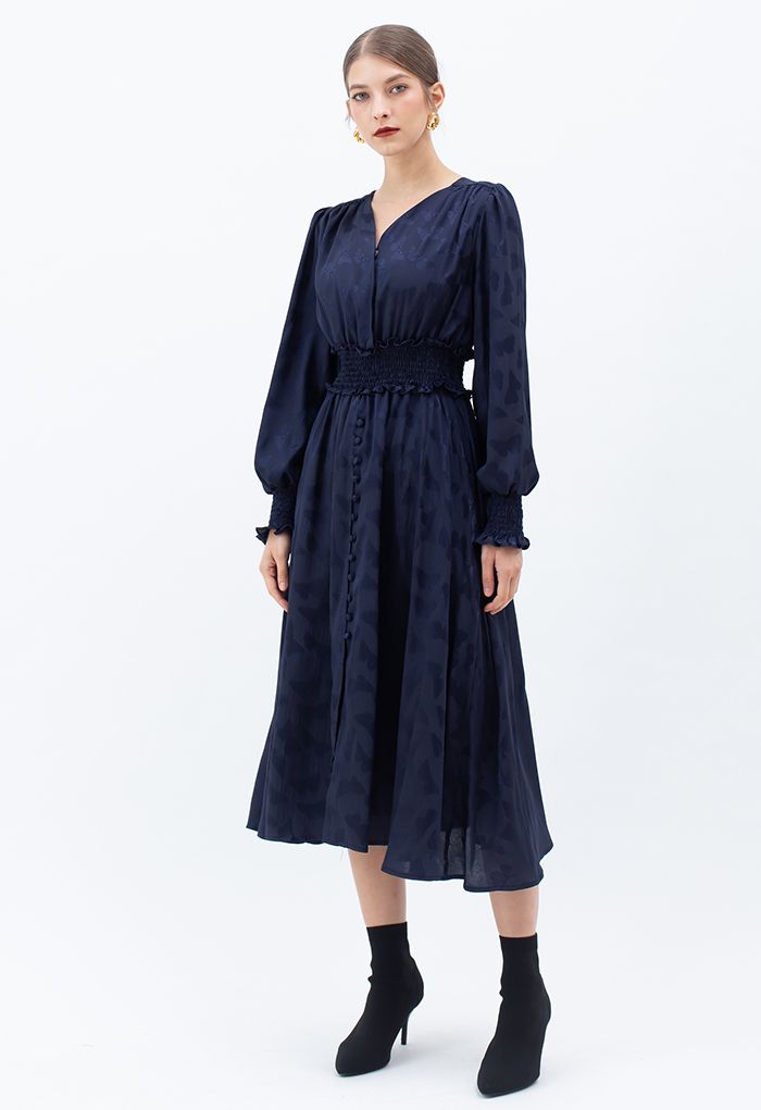 Jacquard Butterfly Button Down Wrap Midi Dress in Navy