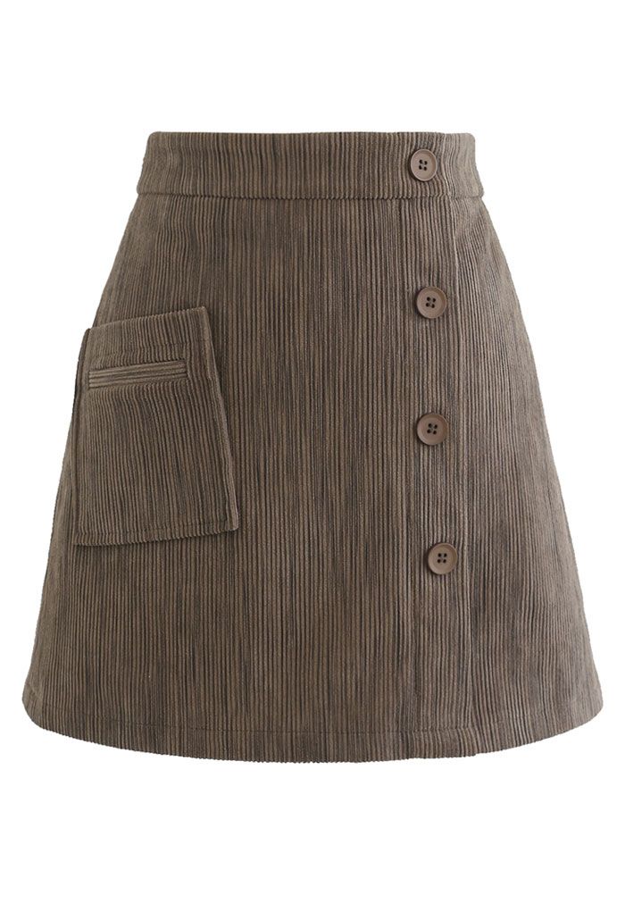 Button Decorated Corduroy Mini Bud Skirt in Brown