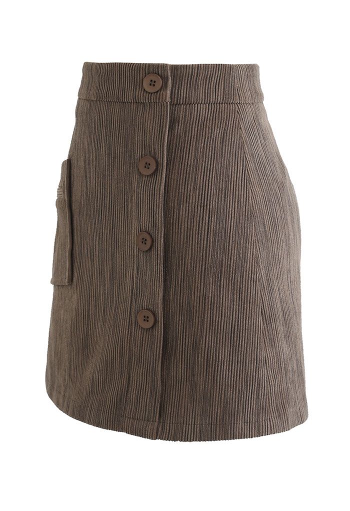 Button Decorated Corduroy Mini Bud Skirt in Brown