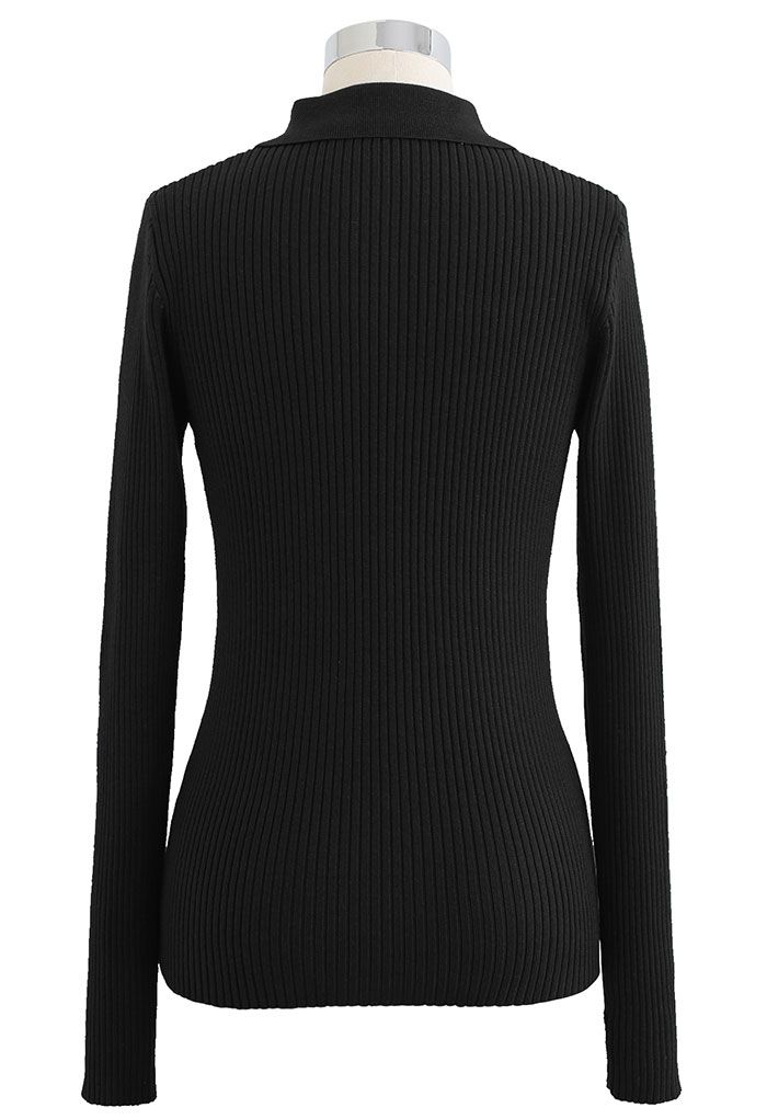 Brooch Button Collared Fitted Knit Top in Black