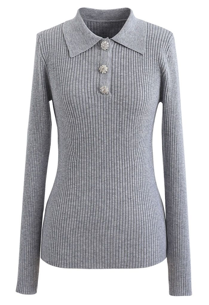 Brooch Button Collared Fitted Knit Top in Grey
