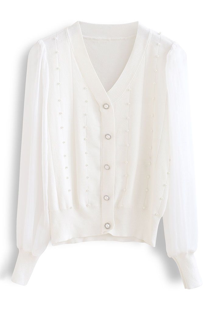 Sheer Sleeve Pearly Buttoned Knit Top in White