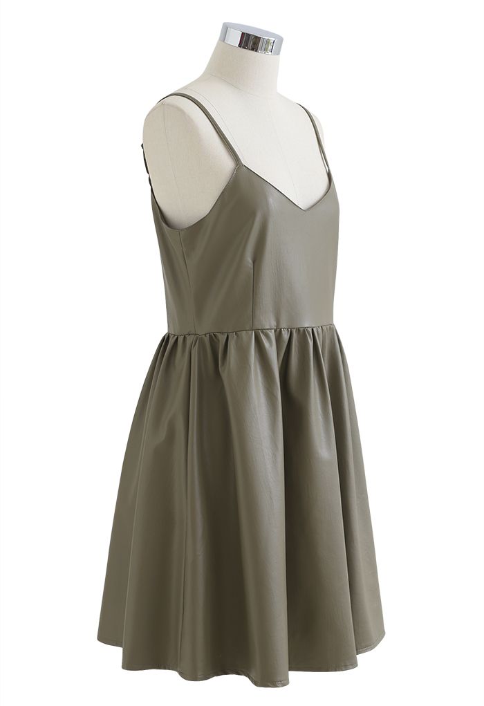 Soft Touch Faux Leather Cami Mini Dress in Khaki