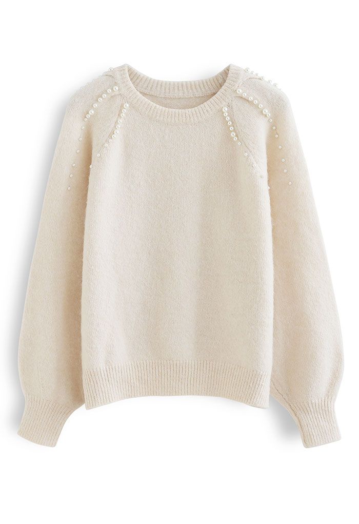 Pearly Shoulder Fuzzy Knit Sweater in Cream
