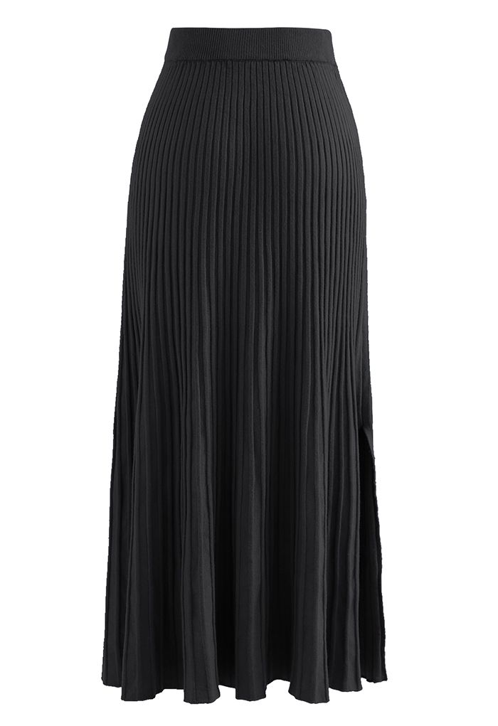 Side Vent High Waist Knit Skirt in Black