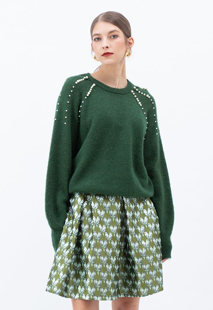 Pearly Shoulder Fuzzy Knit Sweater in Green