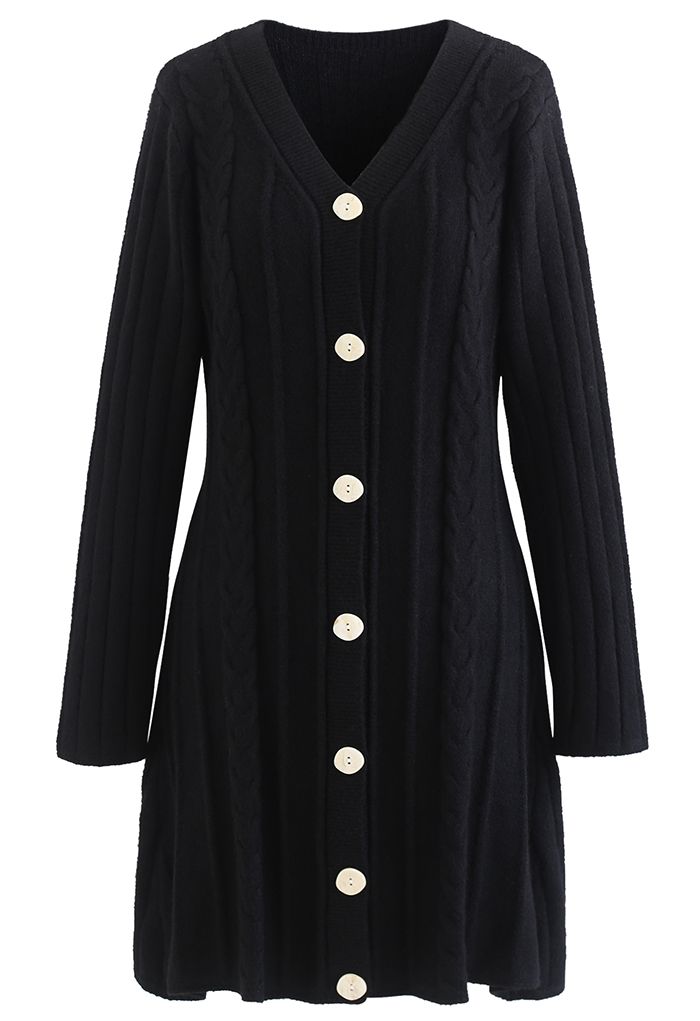 V-Neck Button Down Mini Knit Dress in Black