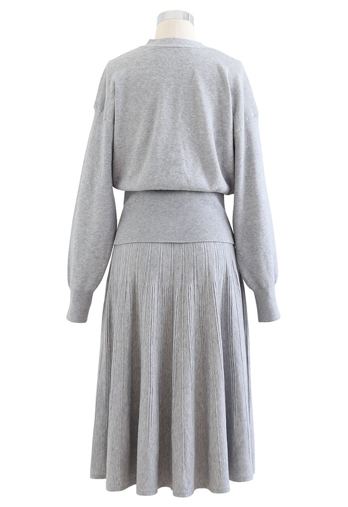 Comfy Versatile Knit Cardigan and Skirt Set in Grey