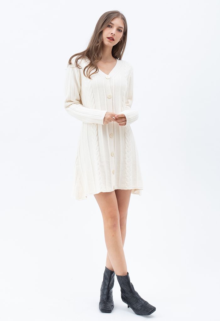 V-Neck Button Down Mini Knit Dress in Cream