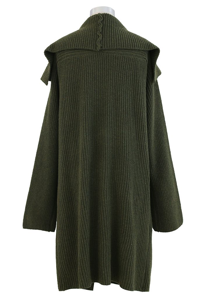 Army Green Wide Lapel Ribbed Knit Longline Cardigan