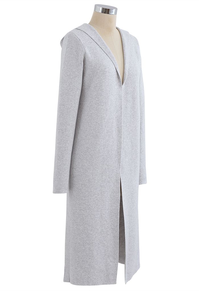 Open Front Hooded Knit Longline Cardigan in Grey