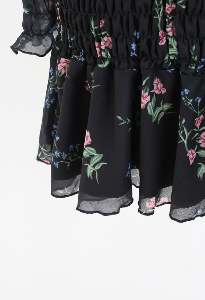 Bouquet Shirred Ruffle Mini Dress in Black