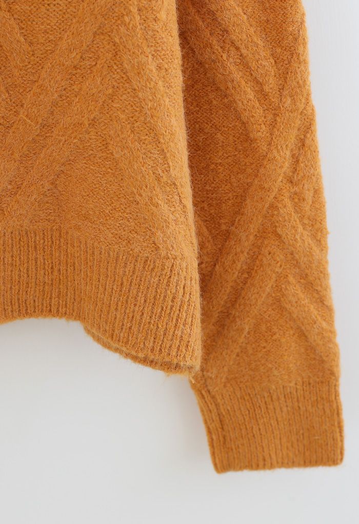 Crisscross Pattern Fuzzy Knit Sweater in Orange