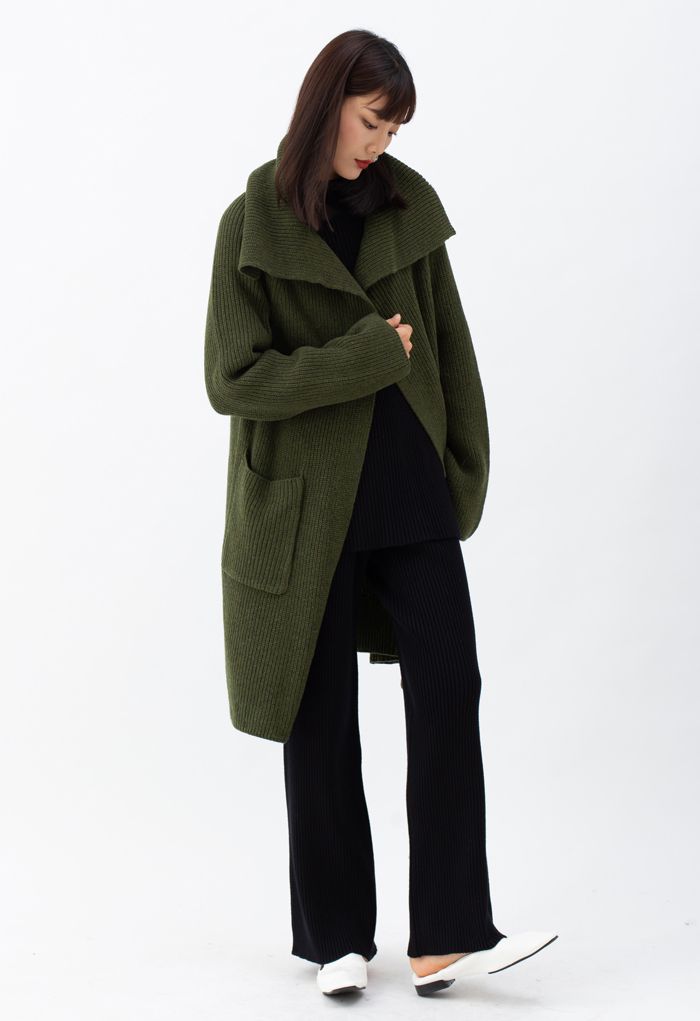 Army Green Wide Lapel Ribbed Knit Longline Cardigan