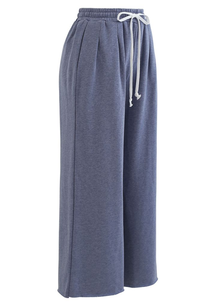 Cropped Wide-Leg Raw Cut Drawstring Pants in Blue