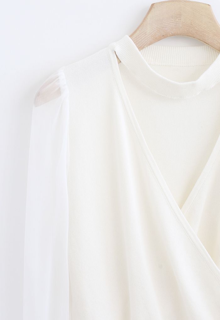 Sheer Sleeves Wrapped Knit Top in White