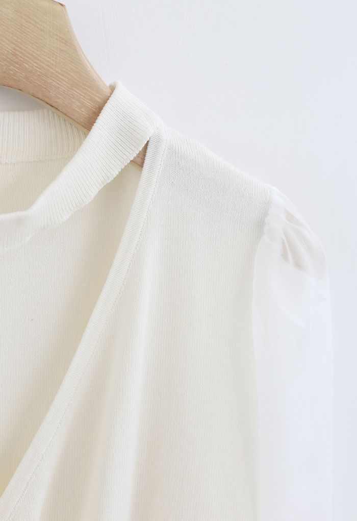 Sheer Sleeves Wrapped Knit Top in White