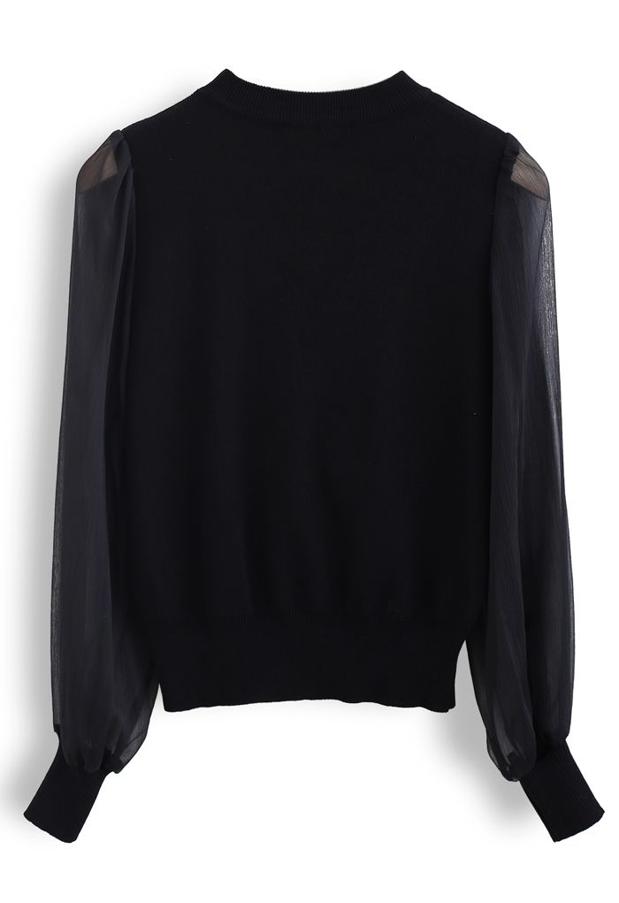 Sheer Sleeves Wrapped Knit Top in Black