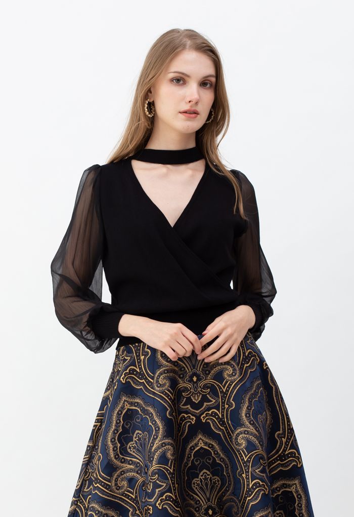 Sheer Sleeves Wrapped Knit Top in Black