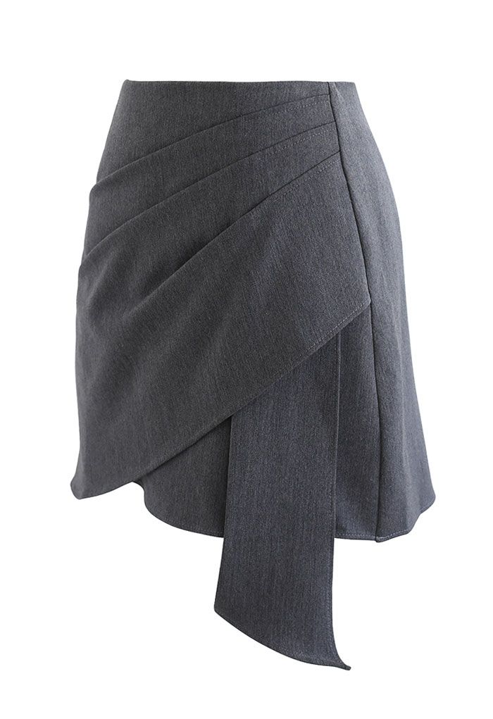 Ruched Pleated Asymmetric Mini Skirt in Grey