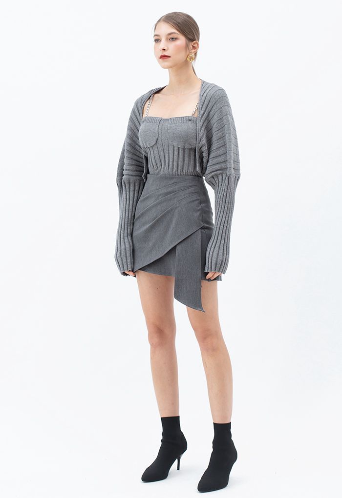 Rib Knit Crop Cami Top and Sweater Sleeve Set in Grey