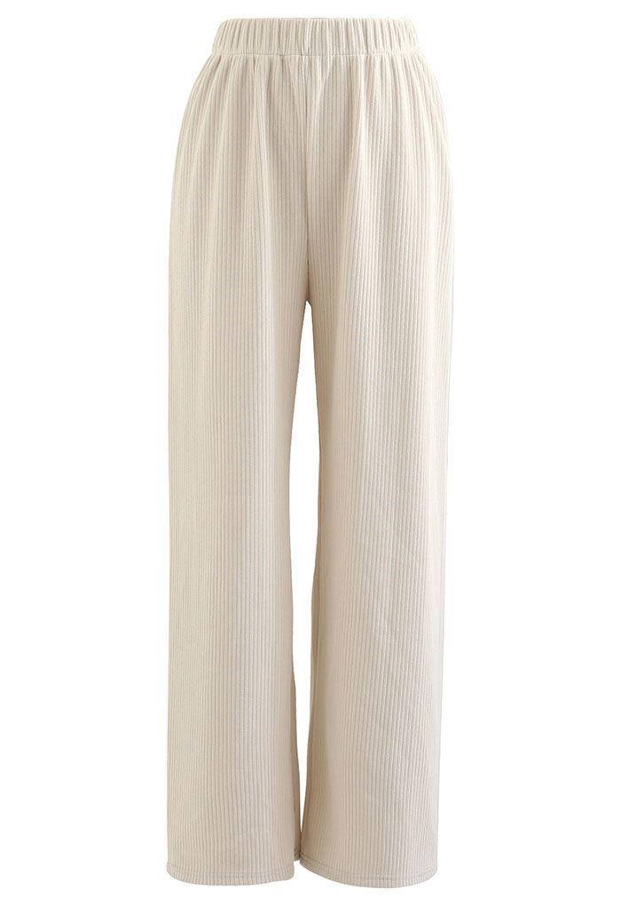 Straight Leg Ribbed Lounge Pants in Cream