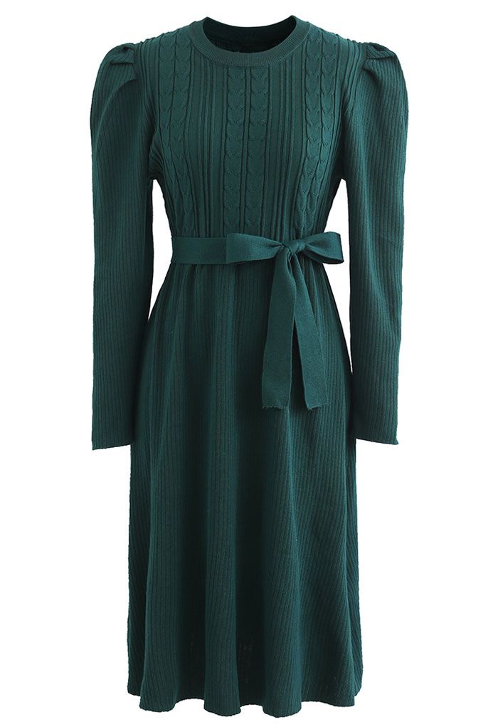 Braid Knit Gigot Sleeve Midi Dress in Dark Green