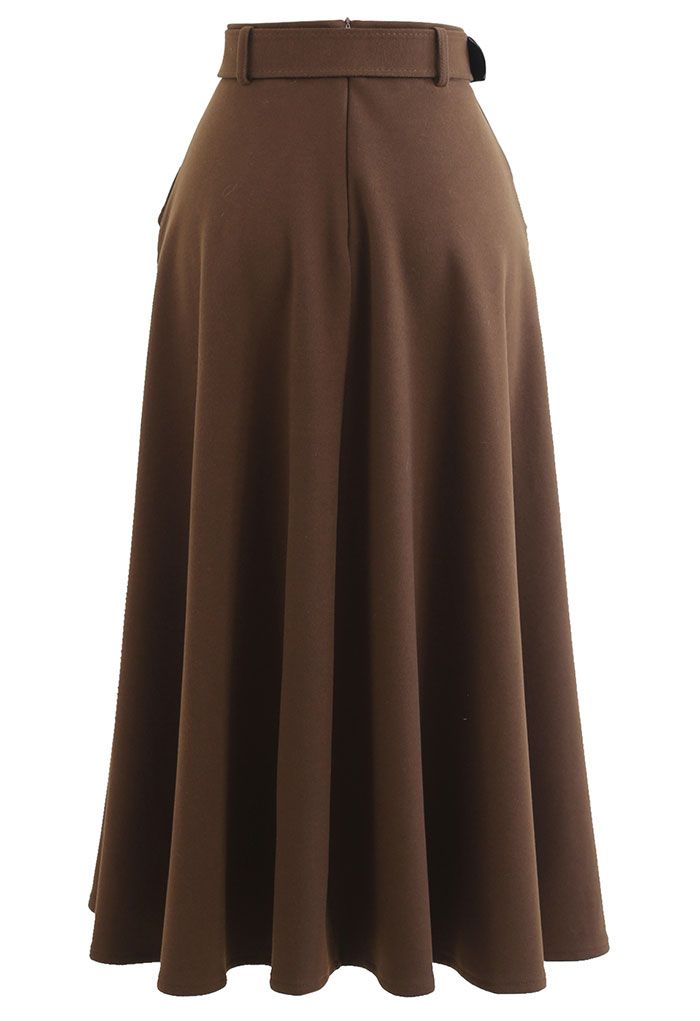 Wool-Blend A-Line Belted Skirt in Brown