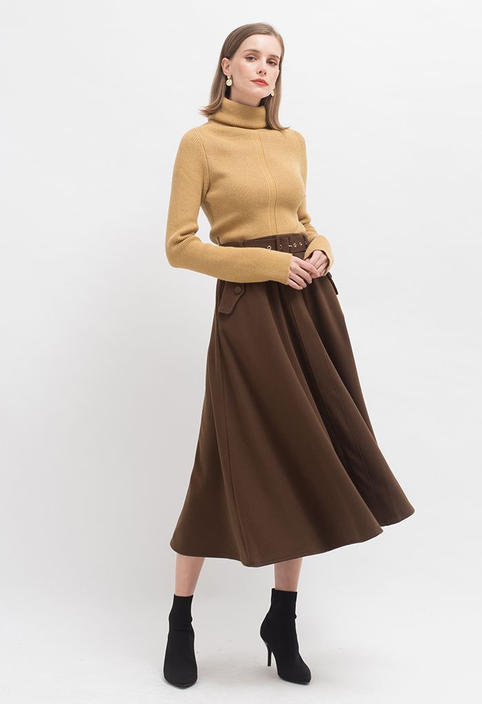 Wool-Blend A-Line Belted Skirt in Brown