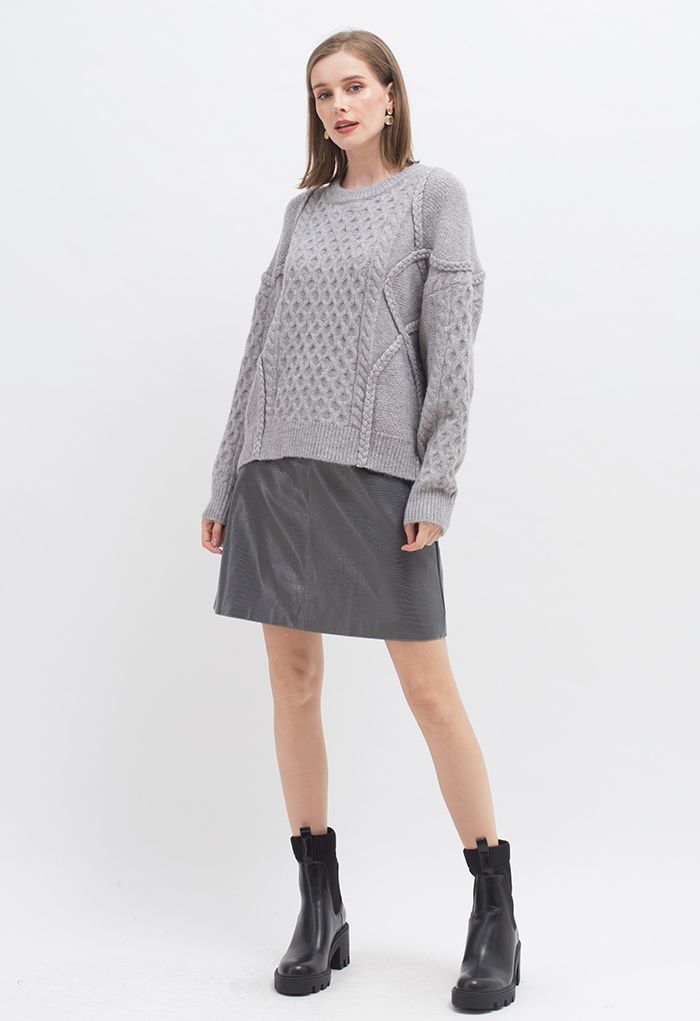 Crocodile Print Faux Leather Skirt in Grey