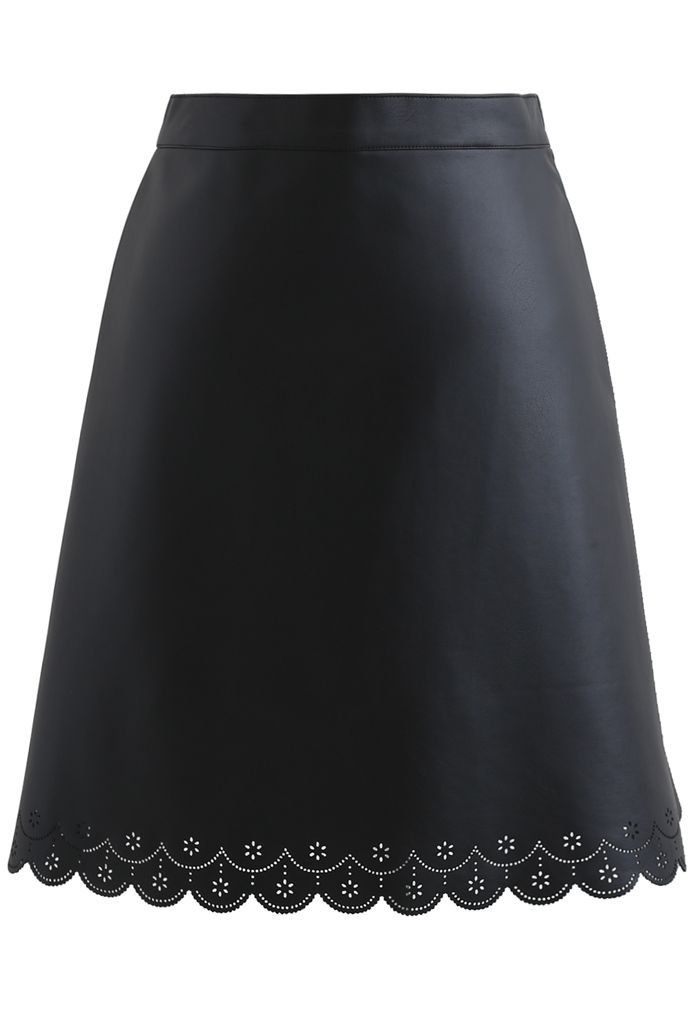 Faux Leather Cutwork Mini Skirt in Black