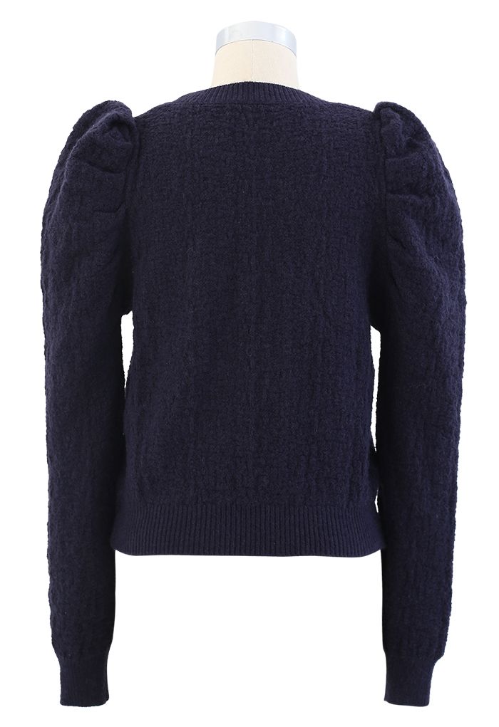 Puff-Shoulder Texture Knit Sweater in Navy
