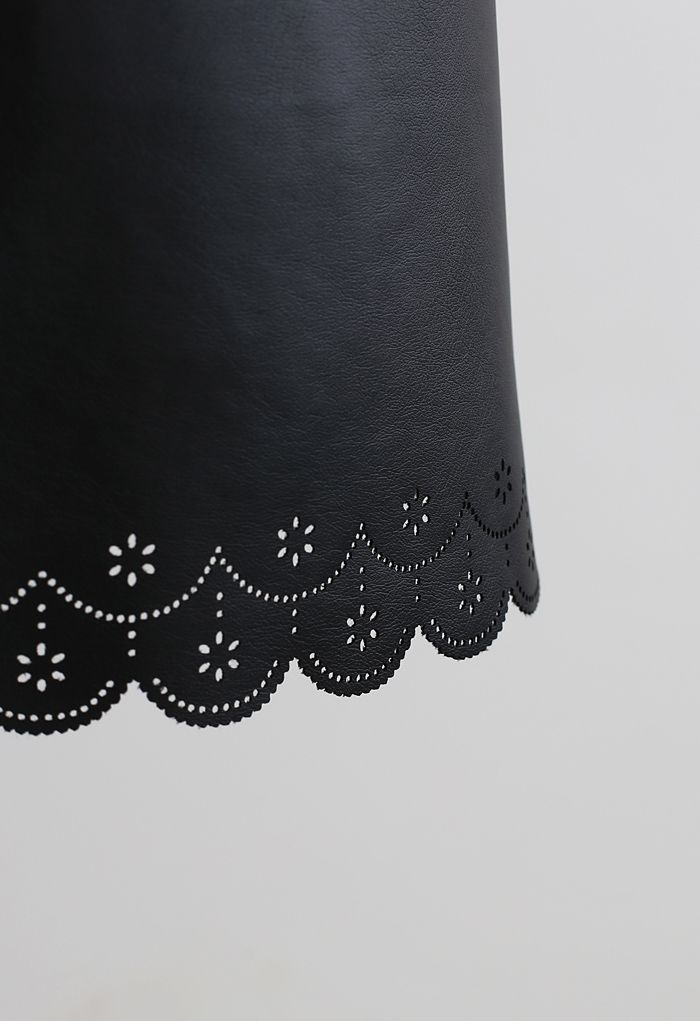 Faux Leather Cutwork Mini Skirt in Black