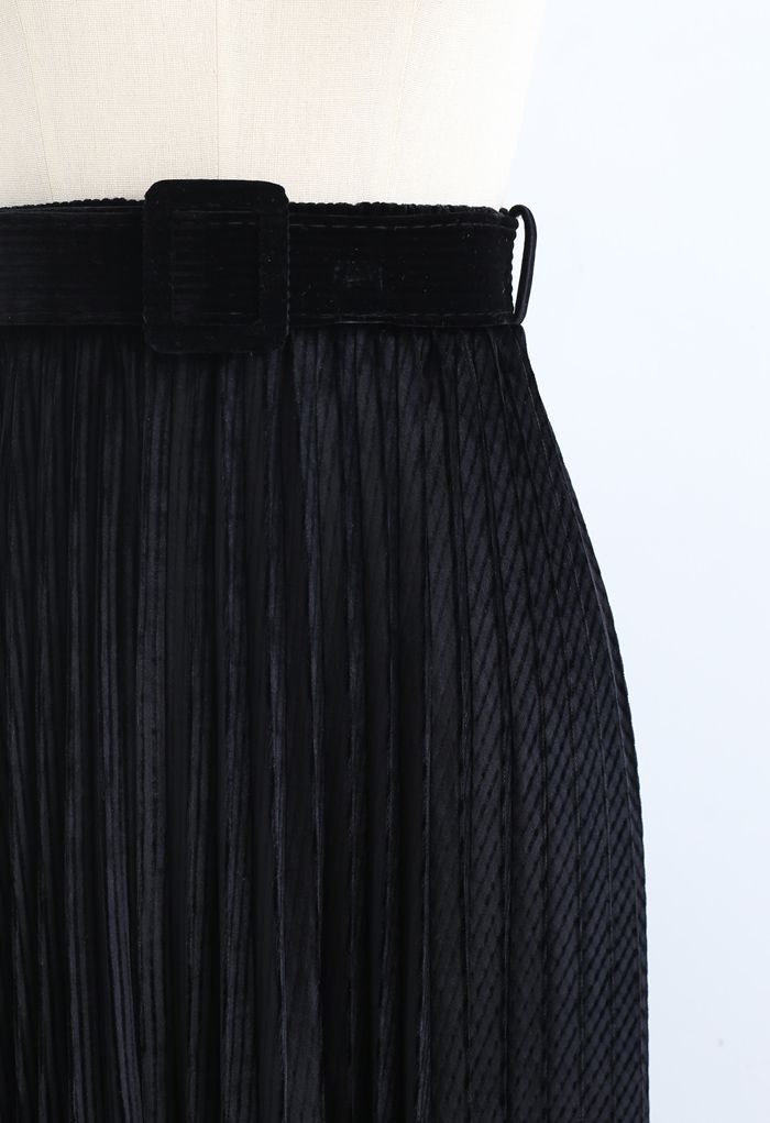 Belted Velvet Full Pleated Midi Skirt in Black