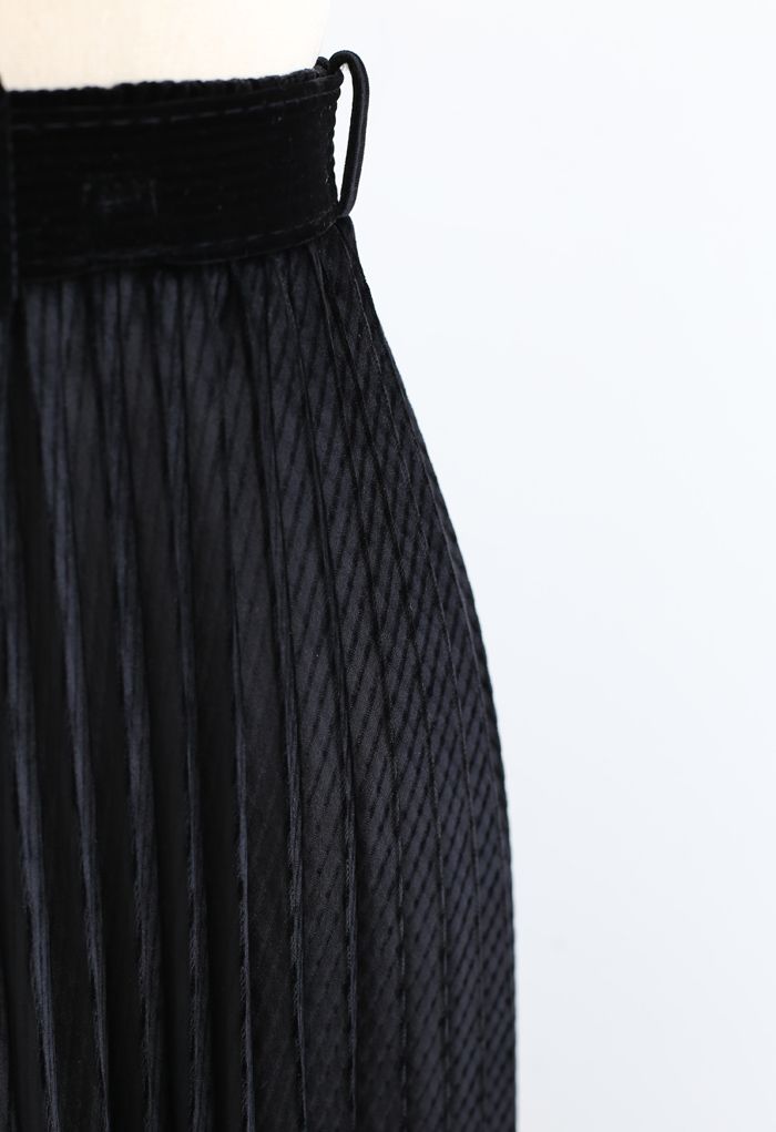 Belted Velvet Full Pleated Midi Skirt in Black