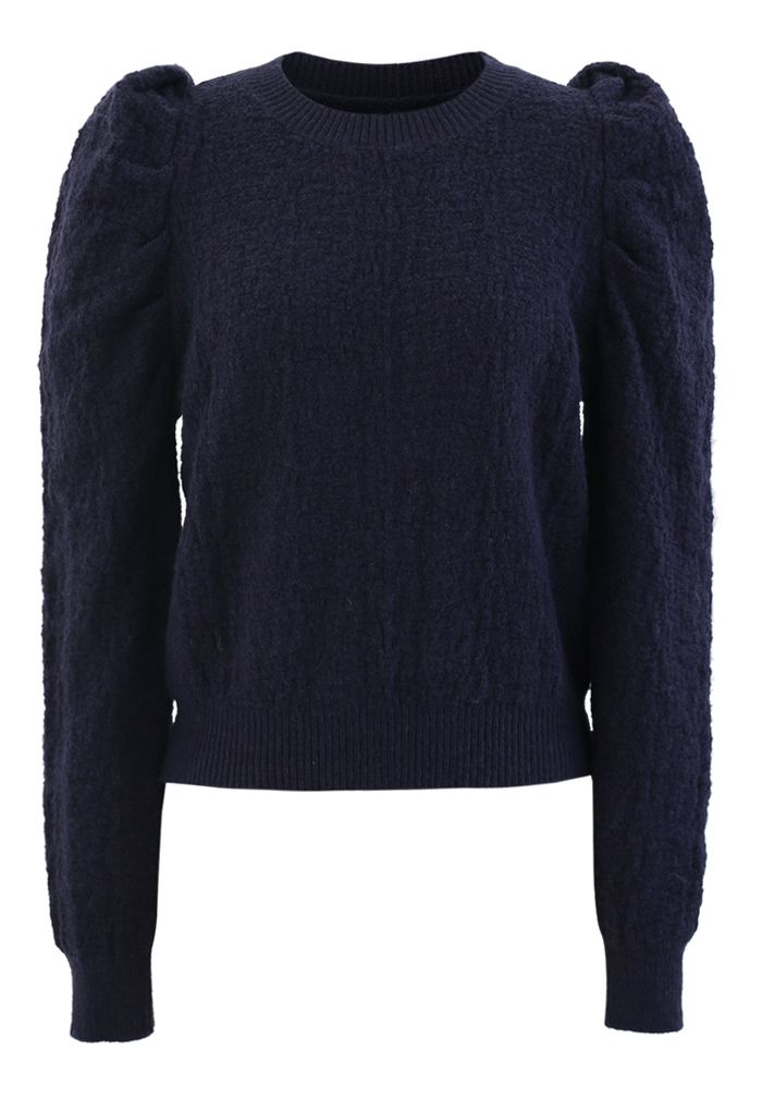 Puff-Shoulder Texture Knit Sweater in Navy