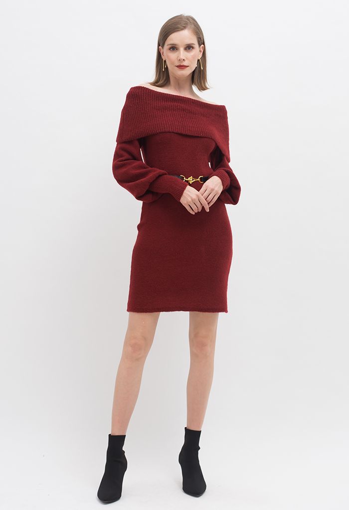 Off-Shoulder Soft Knit Belted Mini Dress in Red